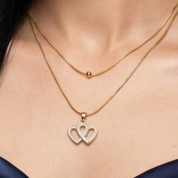 Twin Heart Double Chain Necklace