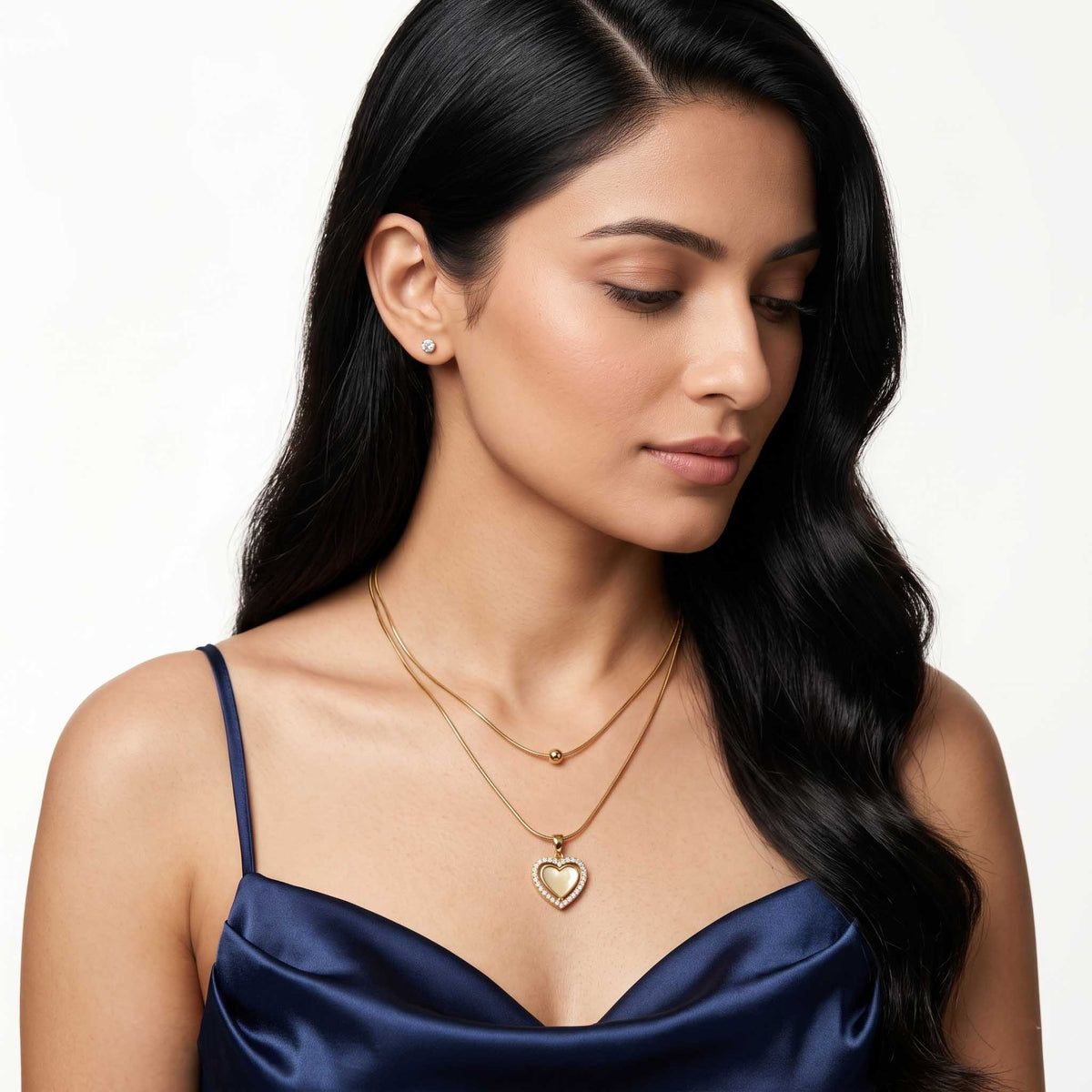 Shine Heart Double Chain Necklace Model