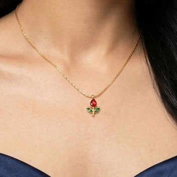 Red Green Tulip Necklace with Earrings Close up